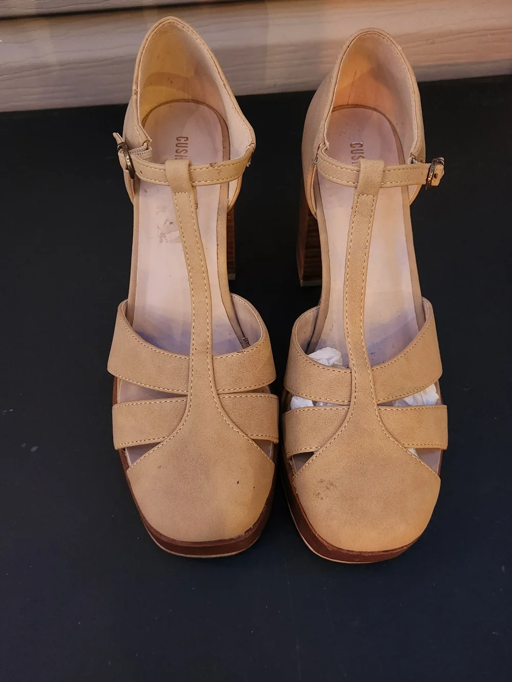 CUSHIONAIRE Tizzy Mary Jane Platform Heeled Sandals Tan Microsuede - Size 9M